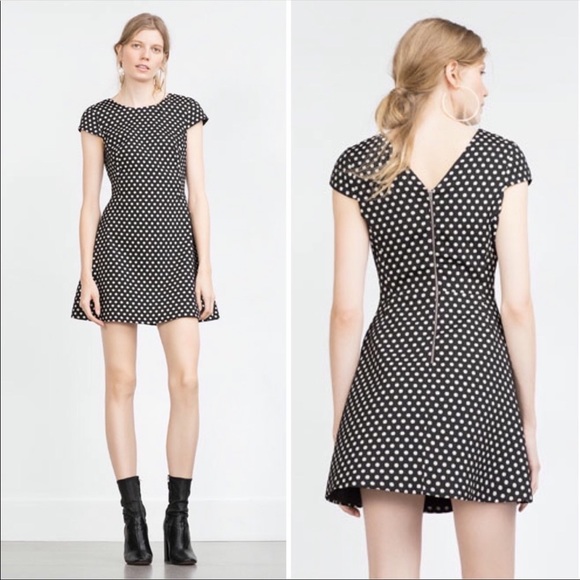 Zara polka dot a-line dress black white mini short capped sleeve - Picture 2 of 14